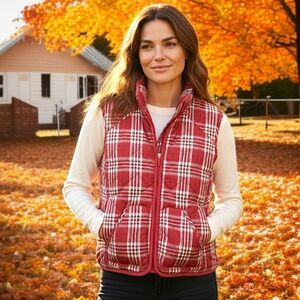 Croft Barrow Quilted Vest M Womens Plaid Chore Red Barn Equestrian Cinched Waist